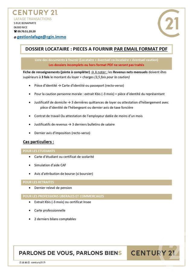 Appartement F3 à louer - 3 pièces - 70.52 m2 - NICE - 06 - PROVENCE-ALPES-COTE-D-AZUR - Century 21 Lafage Transactions